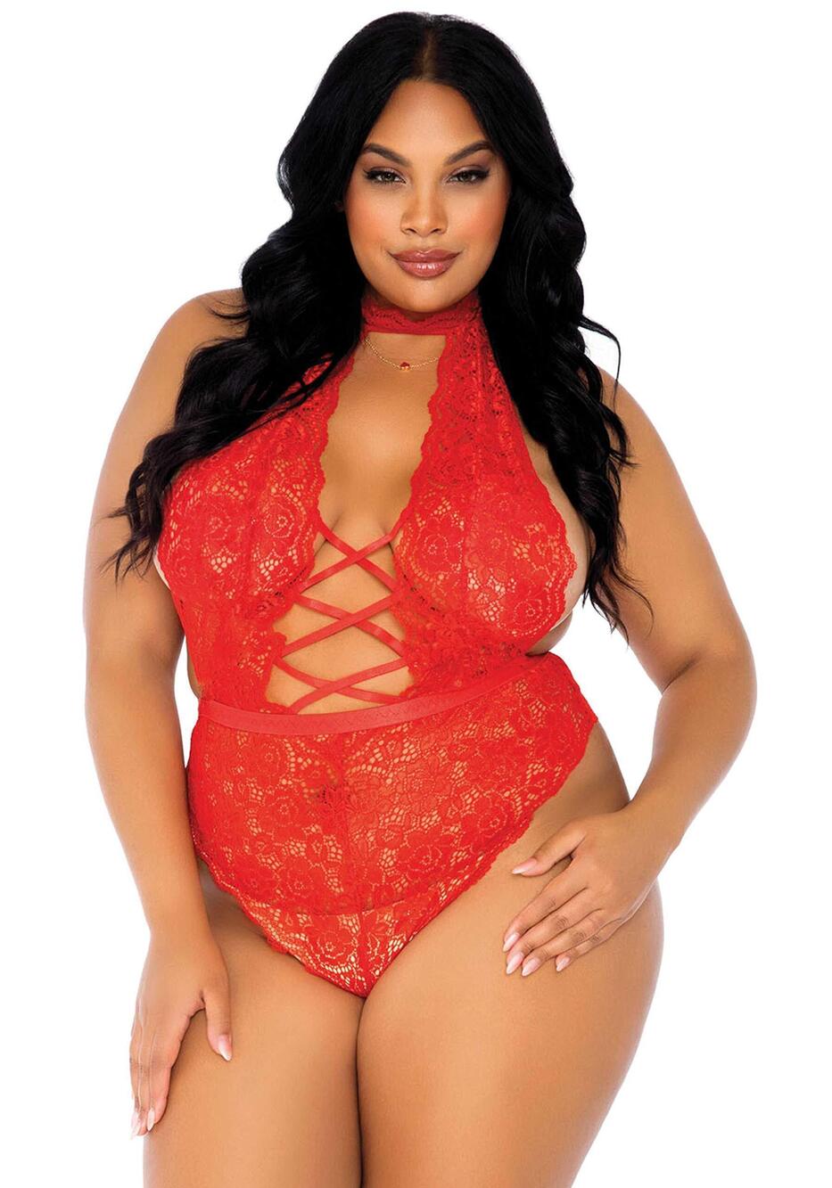6483 Plus Size High Neck Floral Lace Backless Teddy with Lace-Up Accents